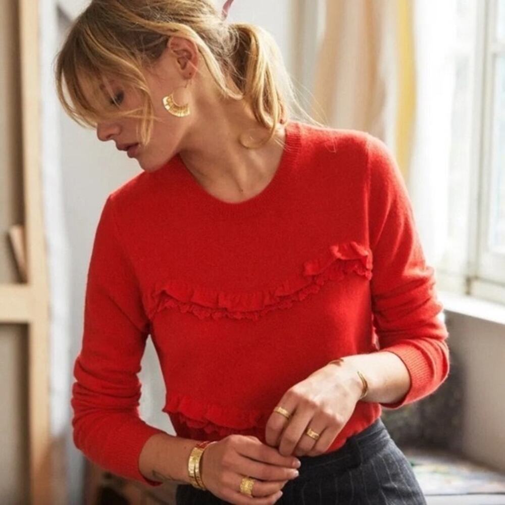 Sezane (M) Red Andrea Ruffle Sweater Knit Crewneck- Wool/ Cashmere, Quiet Luxury